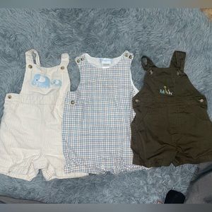 Overalls tan and blue are Janie and jack, green is starting out 3-6 month.